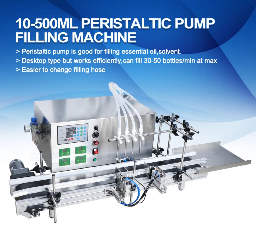 ZONESUN 4 bicos bomba peristáltica máquina de enchimento de líquido com transportador
