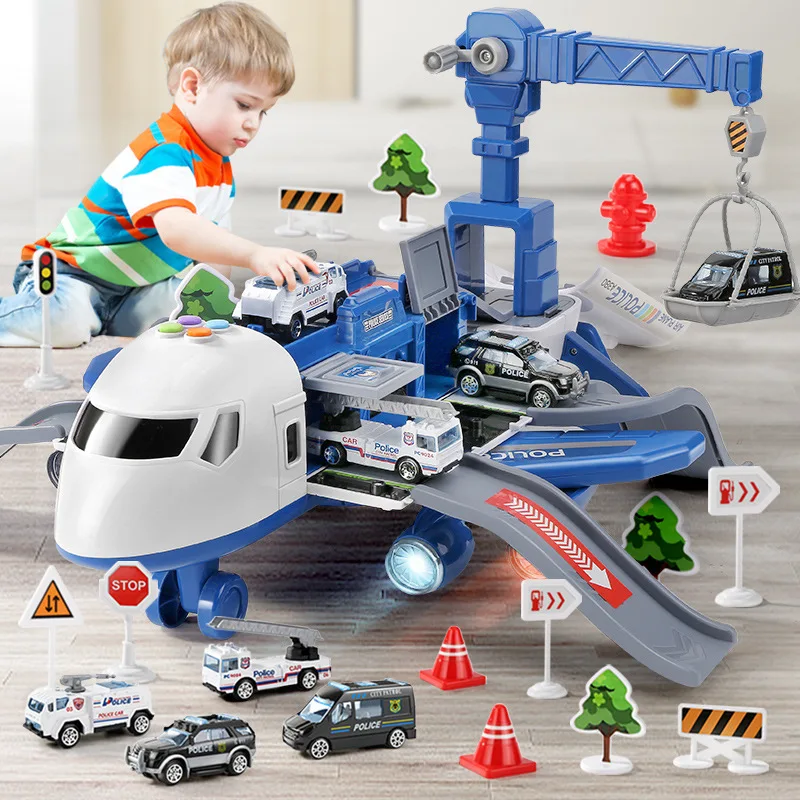 Transport Cargo Airplane Car Toys for Children Boys Girls Kids Police Airplane Colorful Lights Music with Sound Plane Play Set