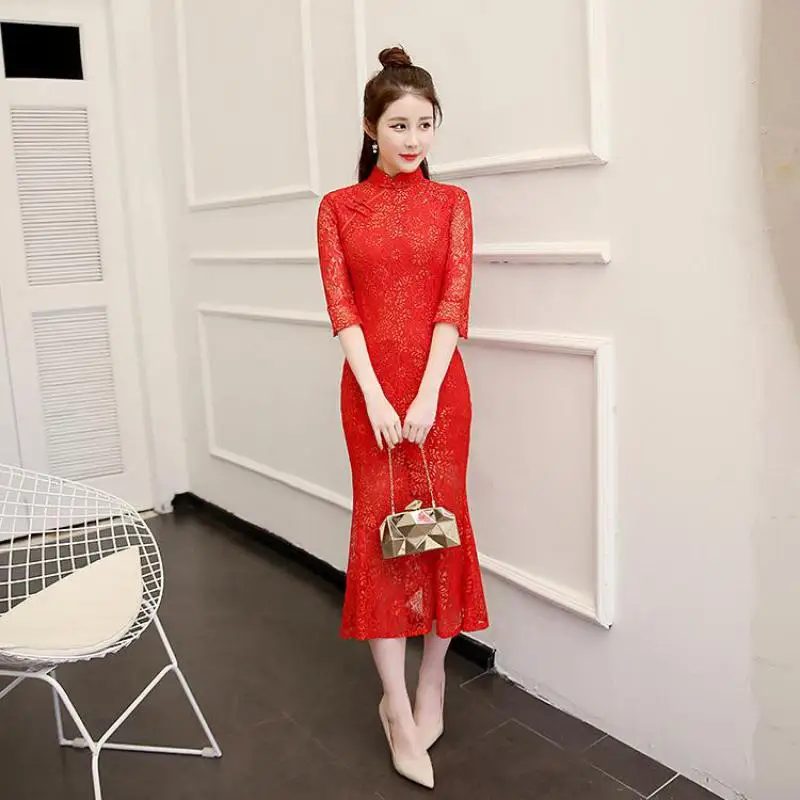 Красное длинное женское кружевное Qipao тонкое сексуальное китайское свадебное платье с вышивкой элегантное платье Ципао русалки китайское платье чонсам