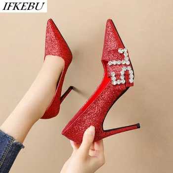 

Heels Wedding Shoes Women Slip on Crystal Pump Glitter Bling Slide High Heel Pointed Toe Sandals Fashion Shallow Zapatos Mujer