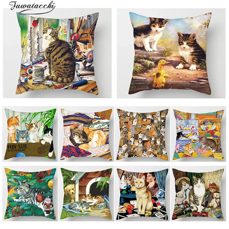 

Fuwatacchi 3D Cute Animal Print Throw Pillow Covers Polyester Cat Dog Bird Sofa Living Room Home Decor Accessories Pillow Case