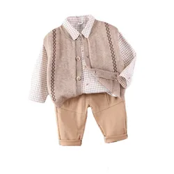 Nova primavera bebê meninos roupas terno crianças colete xadrez camisa calças 3 pçs/sets da criança algodão traje outono infantil