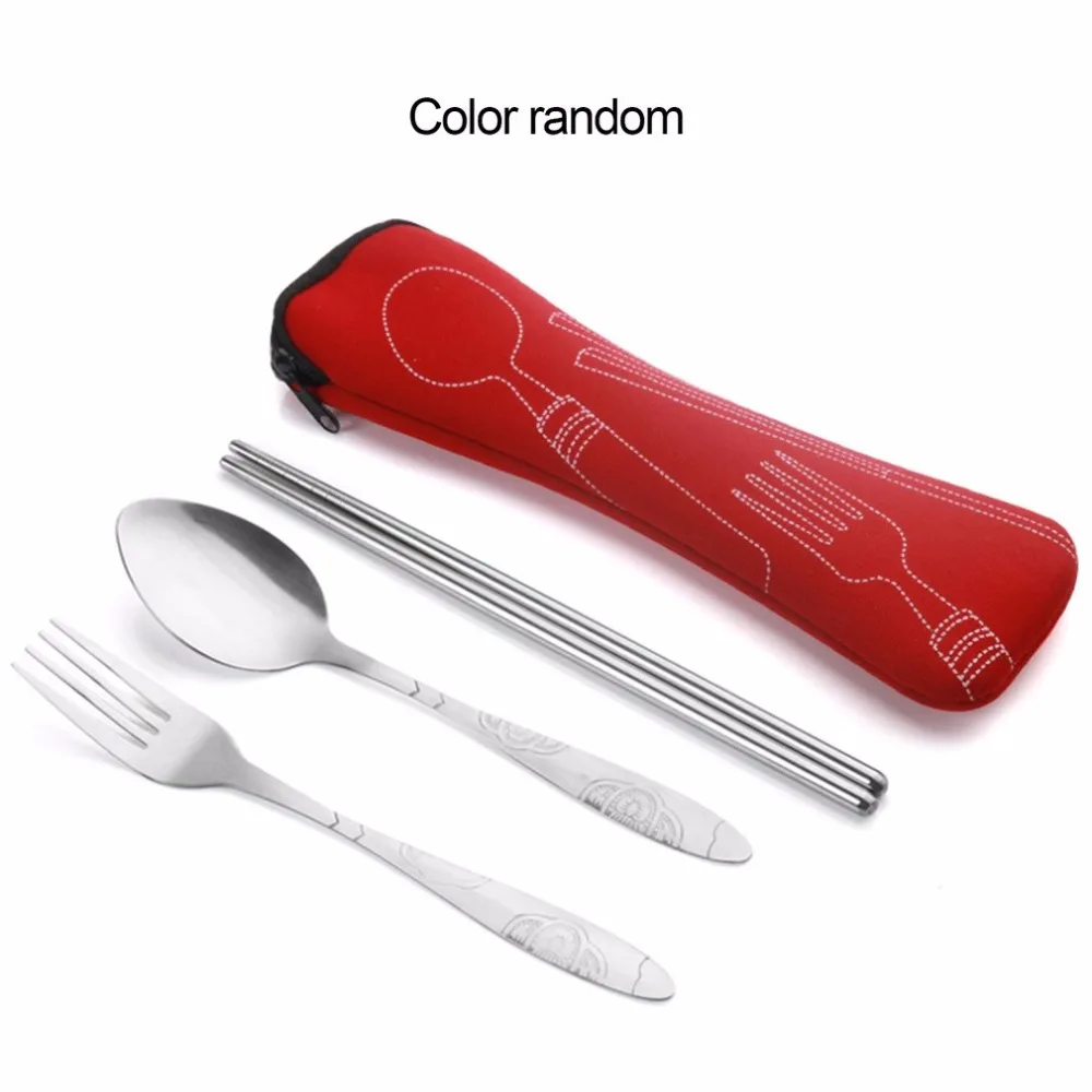 

Portable 3Pcs Stainless Steel Cutlery Set Flower Painting Fork Dinner Tableware Set Tableware Case Kit Newest