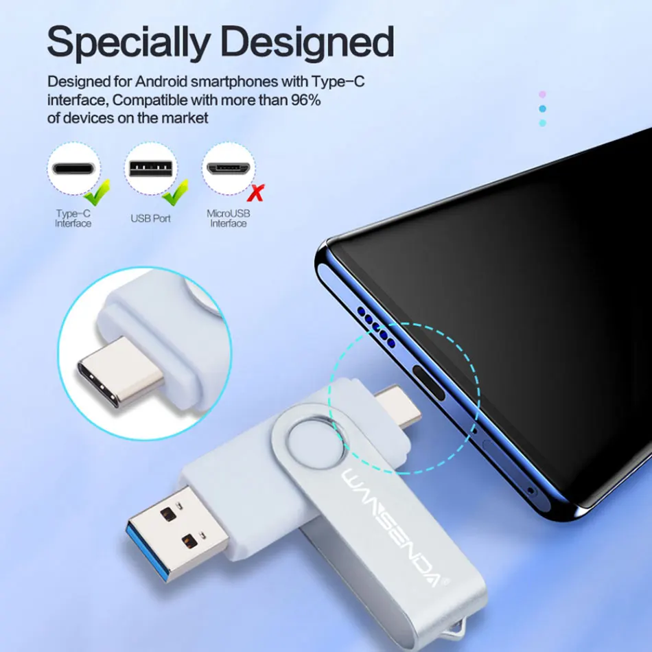 Wansenda-unidade Flash Usb Stick para Android tipo c e pc Pen Drive Usb 3.0 64gb 32gb 128gb 256gb - Imagem 2