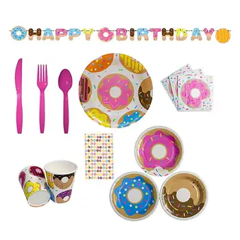 

1 Set 114PCS Donut Theme Tableware Kit Party Paper Plate Cups Napkin Pull Flag Kit Cartoon Donut Tableware Napkin Banners Set