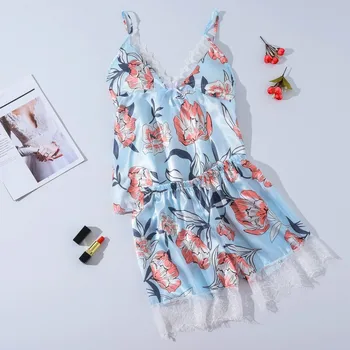 

Pyjamas Women Sleep Wear Pijama Women Satin Flower Print Silk Lingerie Bow Lace Pajamas Sleepwear Shorts Suit пижама женская