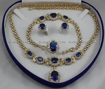 

Real Blue Zircon Inlay Link Bracelet earrings Ring Necklace Set >>new - watch wholesale Quartz stone CZ crystal