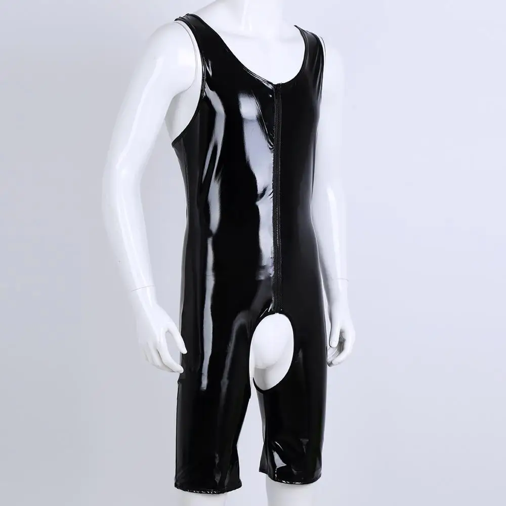 Men Underwear Mens Sissy Latex Open Crotch Catsuit Wetlook PVC Leather One-Piece Teddy Lingerie Erotic Zipper Crotchless Leotard Gay Clubwear