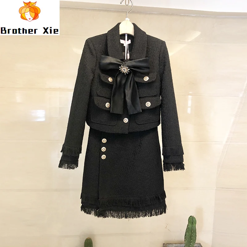 

Spring 2020 European Elegant sweet beige bow short coat + short skirt set high waist tassel wool coat wool skirt