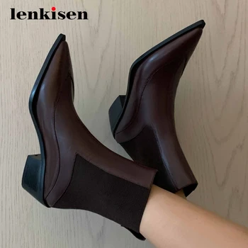 

Lenkisen 2020 winter new boots genuine leather stretch thick med heel pointed toe slip on korean girls fashion ankle boots L9f1