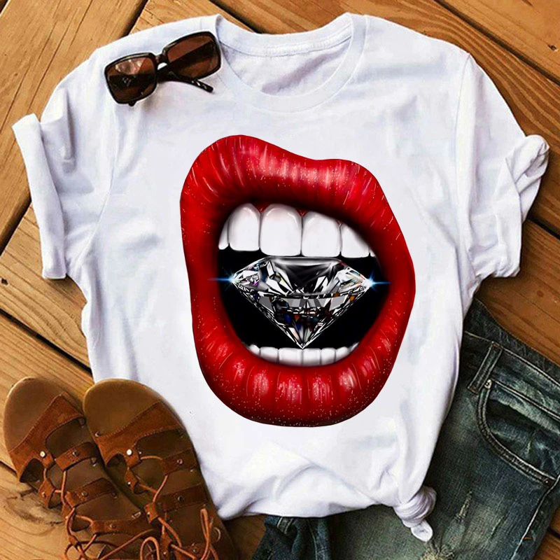 Camiseta con estampado boca roja de diamante para mujer, ropa de manga Camisetas estampadas para mujer, camisetas de moda para mujer| Camisetas| - AliExpress