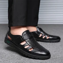 Модные мужские повседневные летние открытые сандалии без застежки; дышащая обувь на платформе из натуральной кожи; Резиновые Нескользящие сандалии на плоской подошве