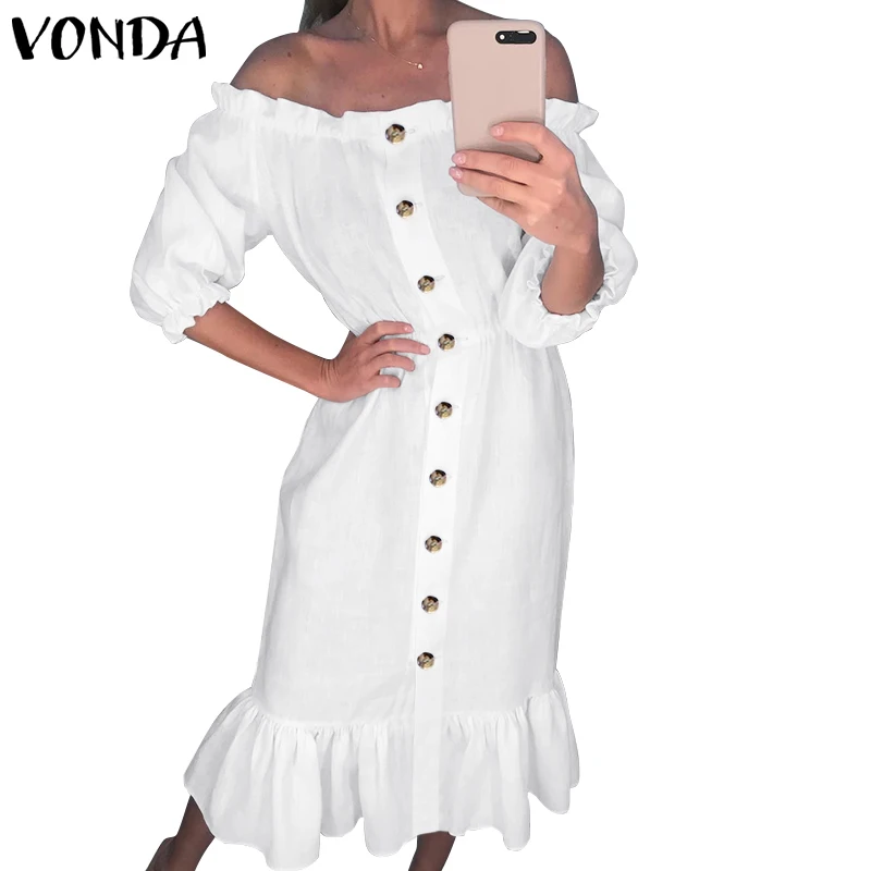Однотонное платье модное VONDA женское летнее сексуальное платье с рукавами-фонариками Vestidos Женские Повседневные Вечерние длинные платья S-5XL Сарафан - Цвет: Белый