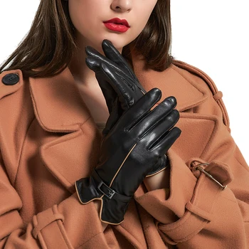 

Leather gloves sheepskin gloves ladies women gloves warm plus velvet buttons multi - color