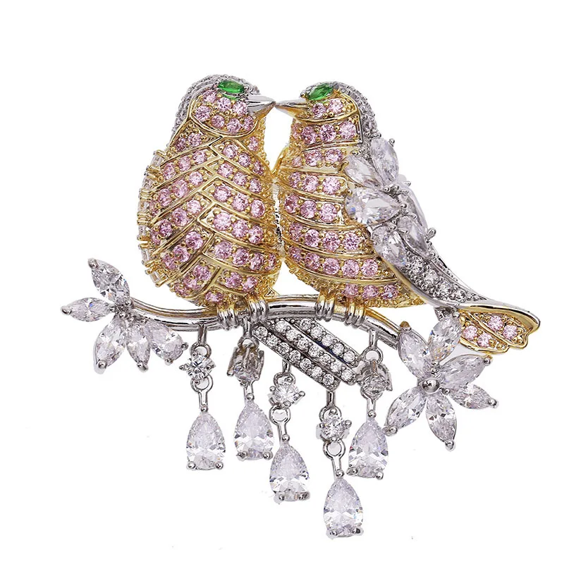 1PCS Gold Plated Double Love Bird CZ Brooch