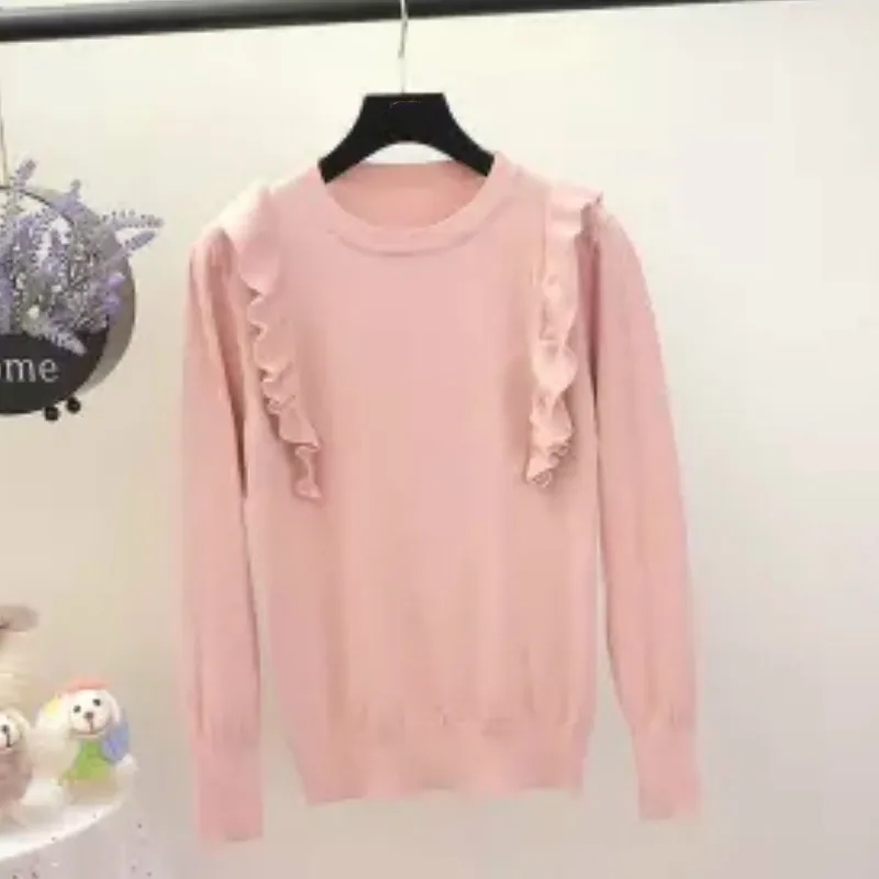 pink pullover Woherb элегантный свитер Женская мода Осень Весна Топы с рюшами трикотажные пуловеры длинный рукав Шикарный джемпер Pull Femme одежда - Цвет: pink pullover