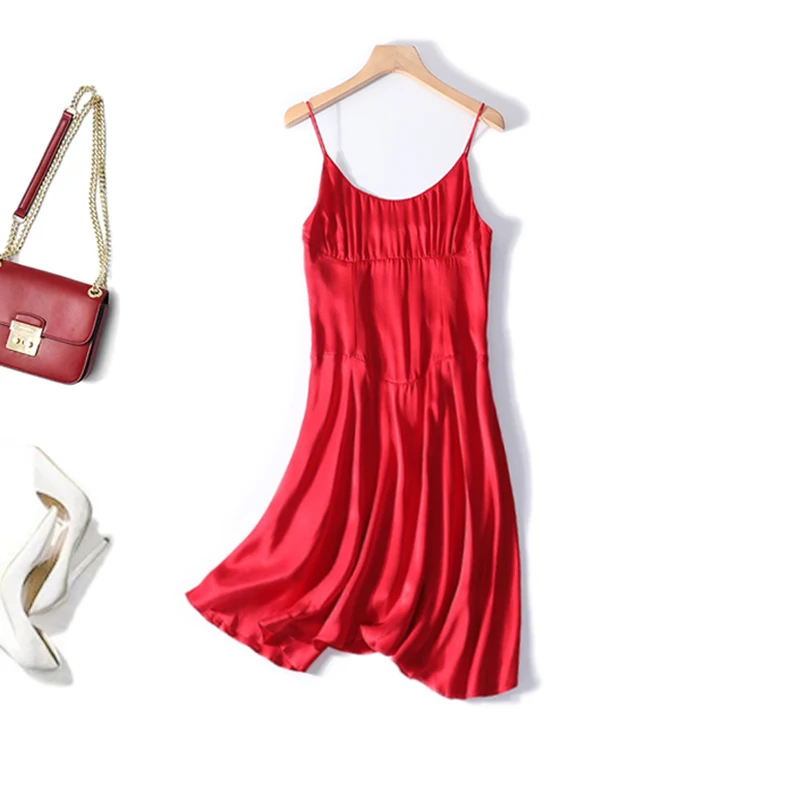 

New 100% silk render of temperament red outer wear condole belt 03 heavy silk a8806 pure color dress