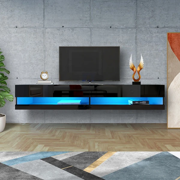 High Gloss TV Stand Cabinet with LED Lights | Entertainment Floating Wall  Unit Black 180cm - AliExpress