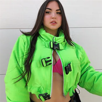 

Fashion Neon Winter Jacket Women Parka Coat Turtleneck Buckle PU Leather Women's Down Jacket Outwear Warm Coats 2019