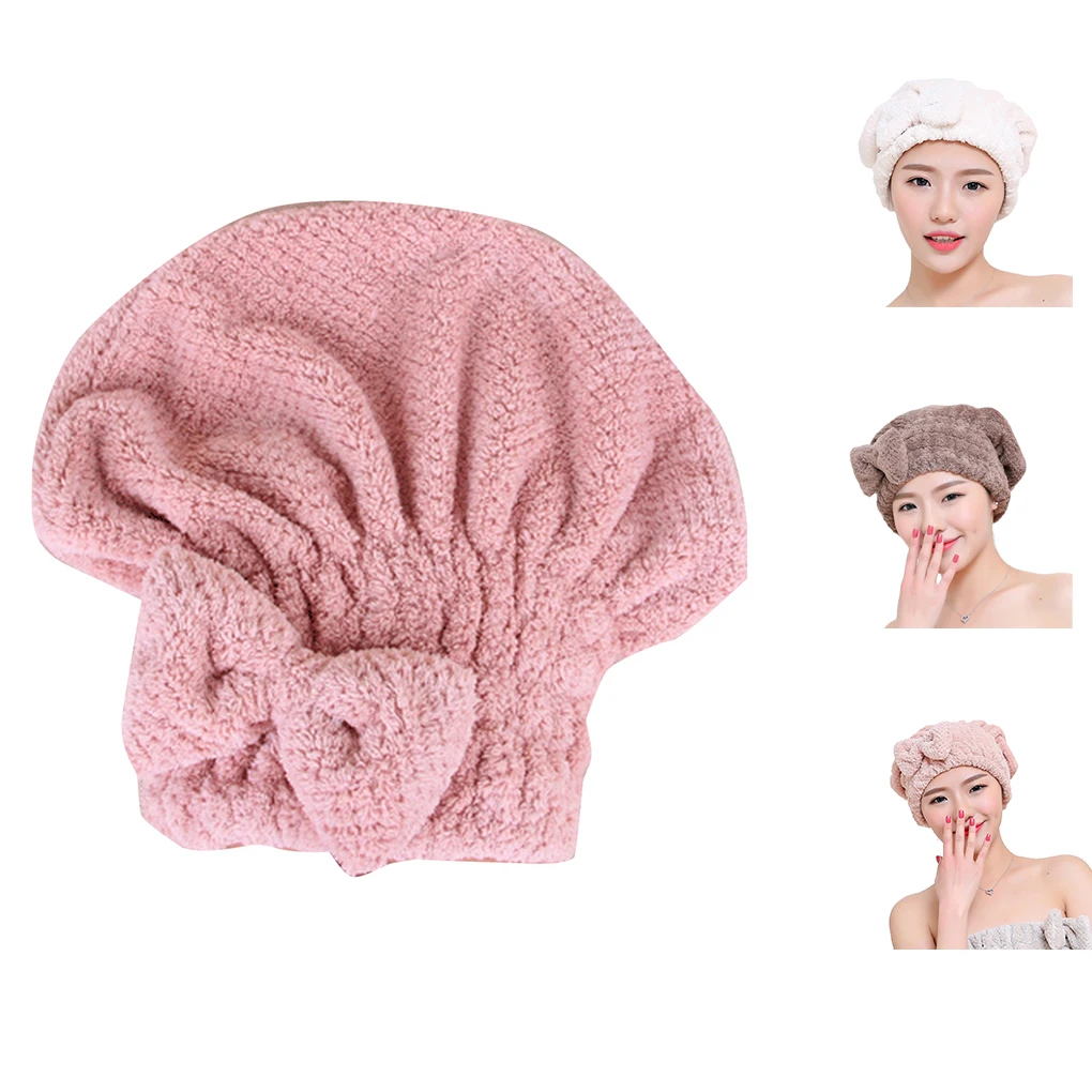 Women Girls Absorbent Hair Drying Cap Towels Polyester Adult Thickened Bowknot Shower Cap