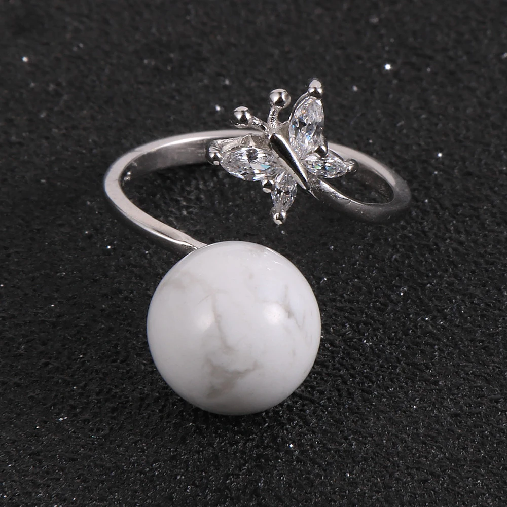 

Rhinestone Butterfly Round Natural Stone Opal Howlite Adjustable Ring Silver Plated Opening Wedding Bands Rings For Women