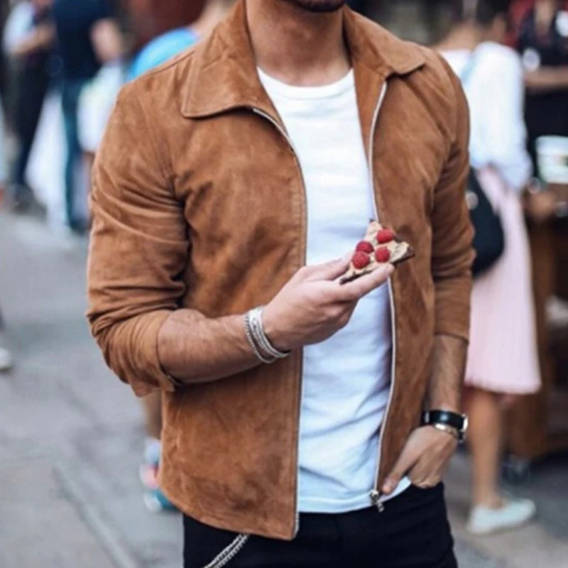 Autumn Fashion Suede Coats For Men Solid Turn-down Collar Zipper Tops 2021 New Winter Casual Long Sleeve Slim Jackets | Мужская одежда