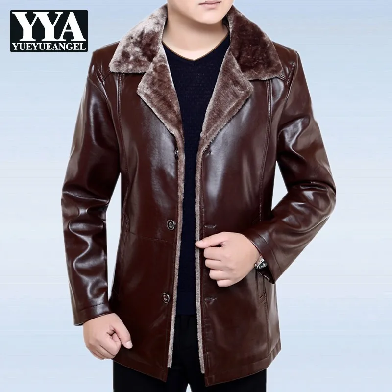Умные повседневные зимние толстые теплые флисовые мужские Куртки из искусственной кожи с длинным рукавом, однобортные свободные мужские пальто с отворотом