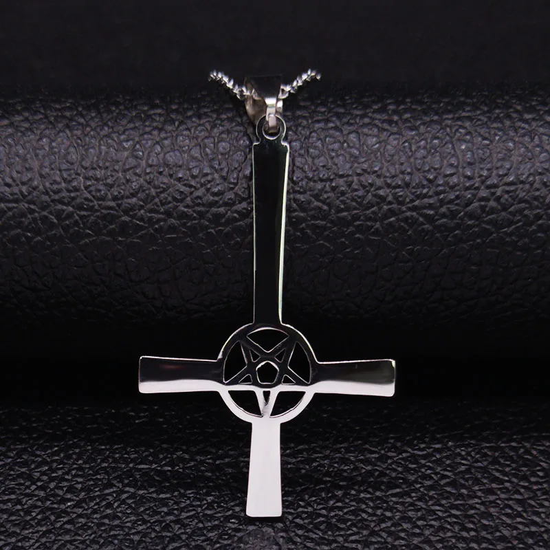 Inverted Cross Occult Pentagram Stainless Steel Chain Necklace Women Satanic Gothic Satan Necklace Jewelry colgante N642S03