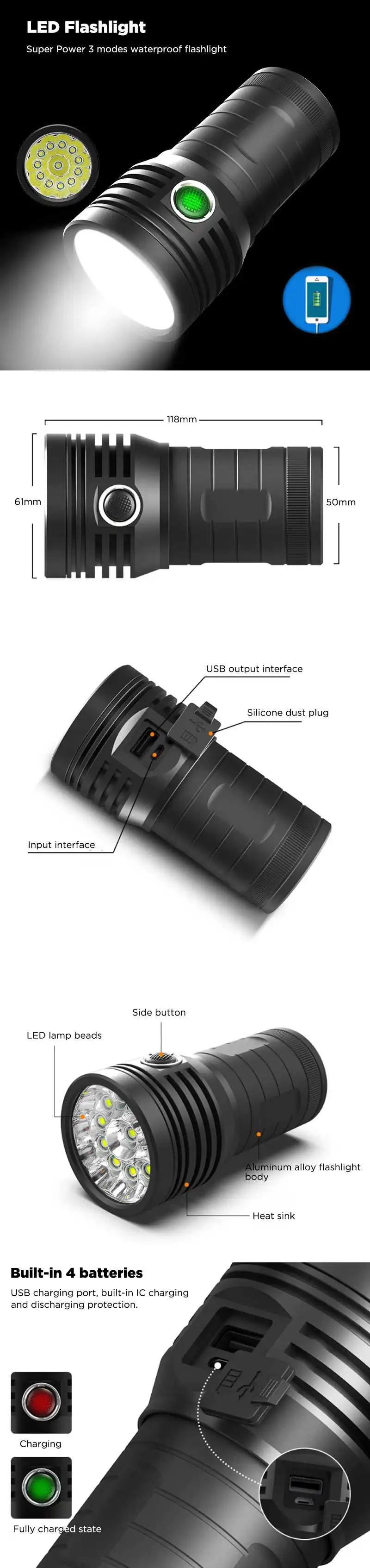 XANES XF 14/16xT6 LED Flashlight Powered 3 Modes 2500Lumens 18650 Battery USB Rechargeable Exploration Lantern Torch Lamp