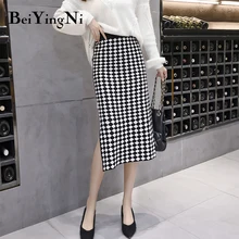 Beiyingni, Офисная Женская юбка, клетчатая, облегающая, для работы, модная, миди, юбка-карандаш, для женщин, Осень-зима, Вязанная, OL, с разрезом, нижняя часть