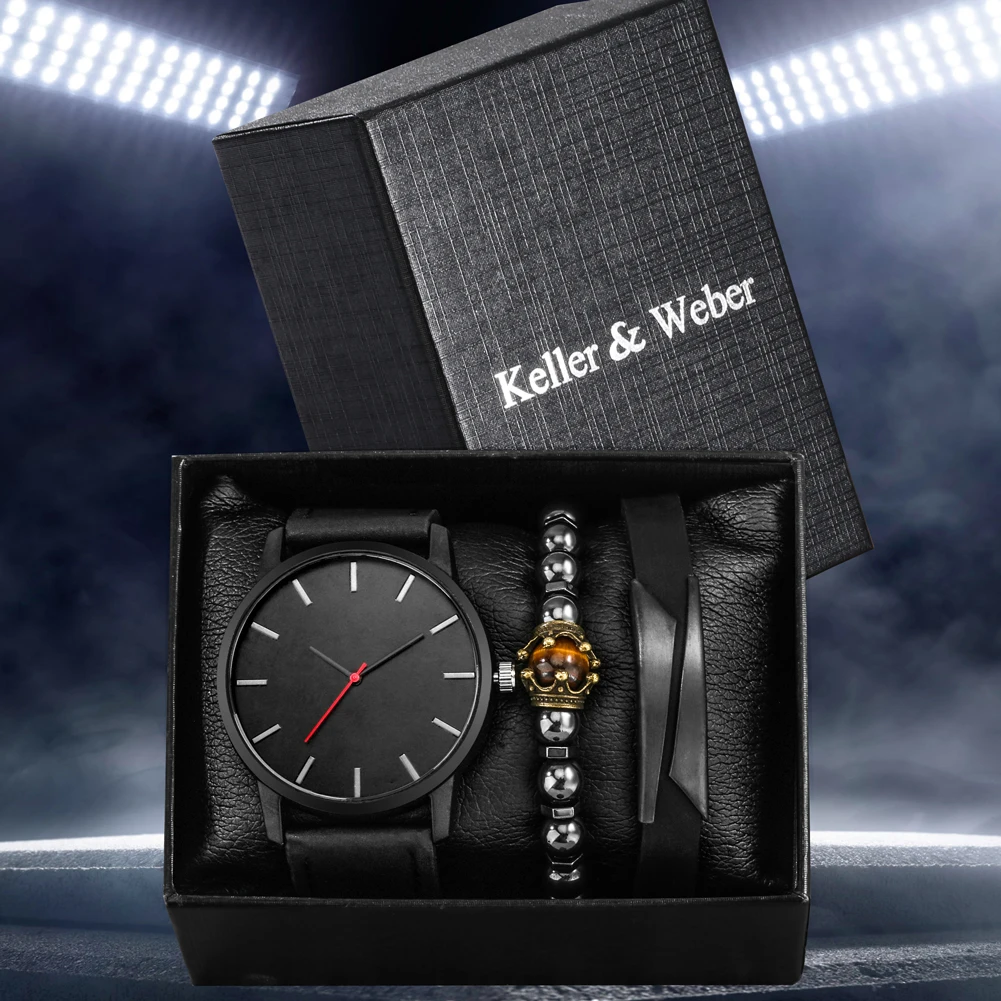High-End Men's Business Watches Best Valentine's Day Gifts for Boyfriend Male Minimalist Leather Watch 2 Bracelets Gift Set Box