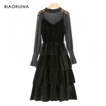 

BIAORUINA Women's Sleeveless V-neck Sequins Elegant Ruffles Dress + Organza Slim Fashion Hollow Out Lining Two Piece Set
