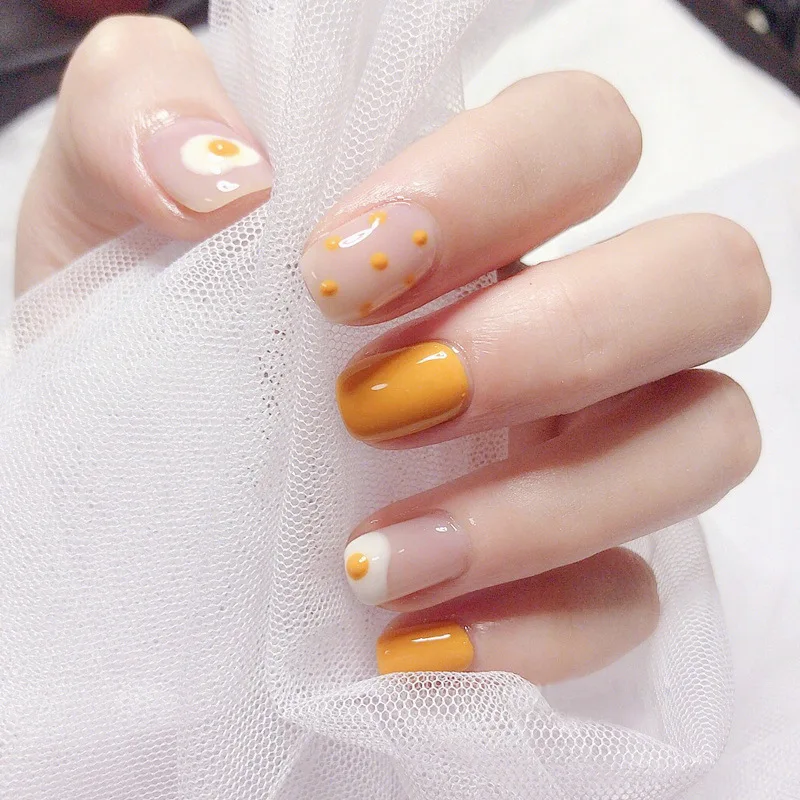 

Nusx Mango Yellow Pure Color Poached Egg Cartoon Pattern False Nails Cute Summer Fake Nails Lady Full Nail Tips With Glue FA015