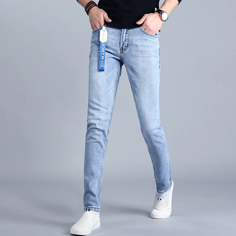 Summer Men's Light Blue Jeans Korean Style Casual Cotton Slim Fit Denim Pants