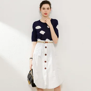 

Two Piece Set Women 2020 Summer Fashion Casual Printed Round Neck Half Sleeved Knit Top + White Cotton Skirt Suits Female S-XL
