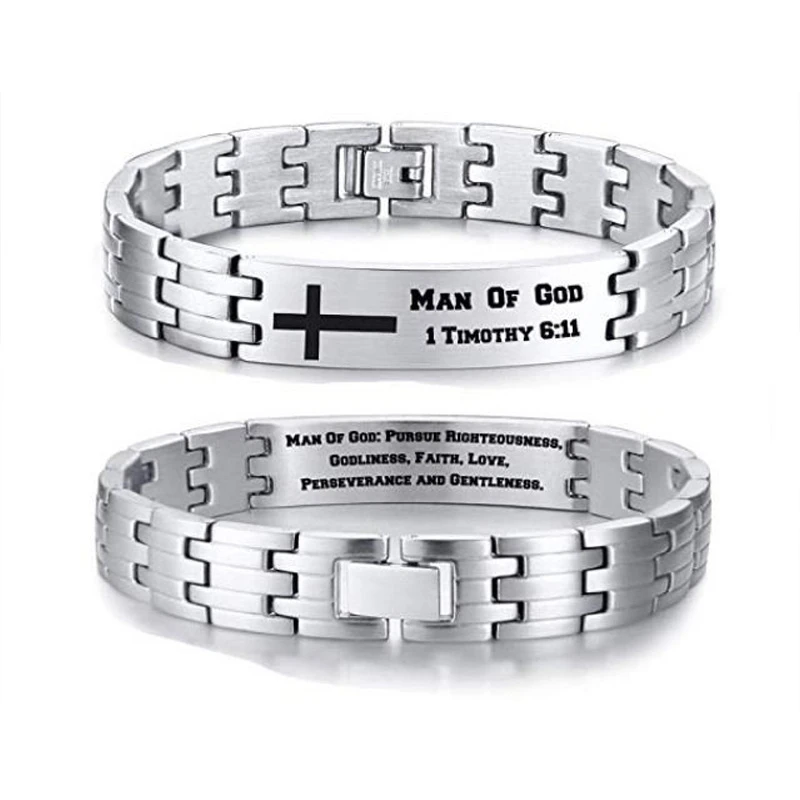 

Personalized Men's Chain Link ID Bracelet Stainless Steel Silver Color Inside Outside Customized Payer Christan Jewelry