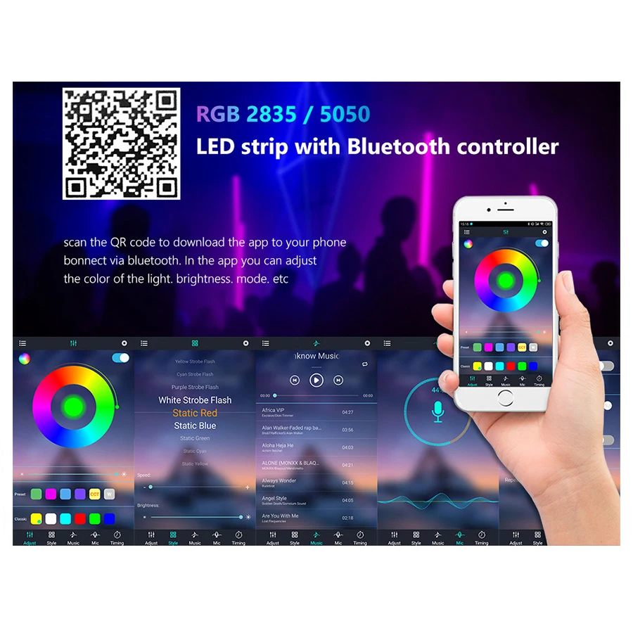 블루투스 원격 LED 스트립 제어 내장 마이크, 음악 동기화, SMD 5050 2835 테이프 램프용, RGB 컨트롤러, DC 5-24V