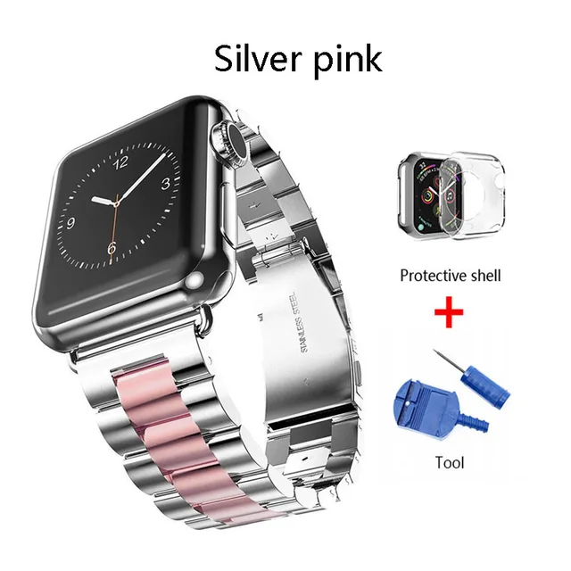 Stainless Steel Strap For Apple watch band 40mm 44mm 5 4 3 watch strap 38mm 42mm Bracelet Sport Metal WatchBand for iWatch 3 2 1 Silver pink Tool