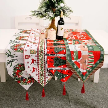 

Christmas Tree Santa Elk Table Runner Tablecloth Placemat Tassel Design Home Party Decorations 14x71 Inches