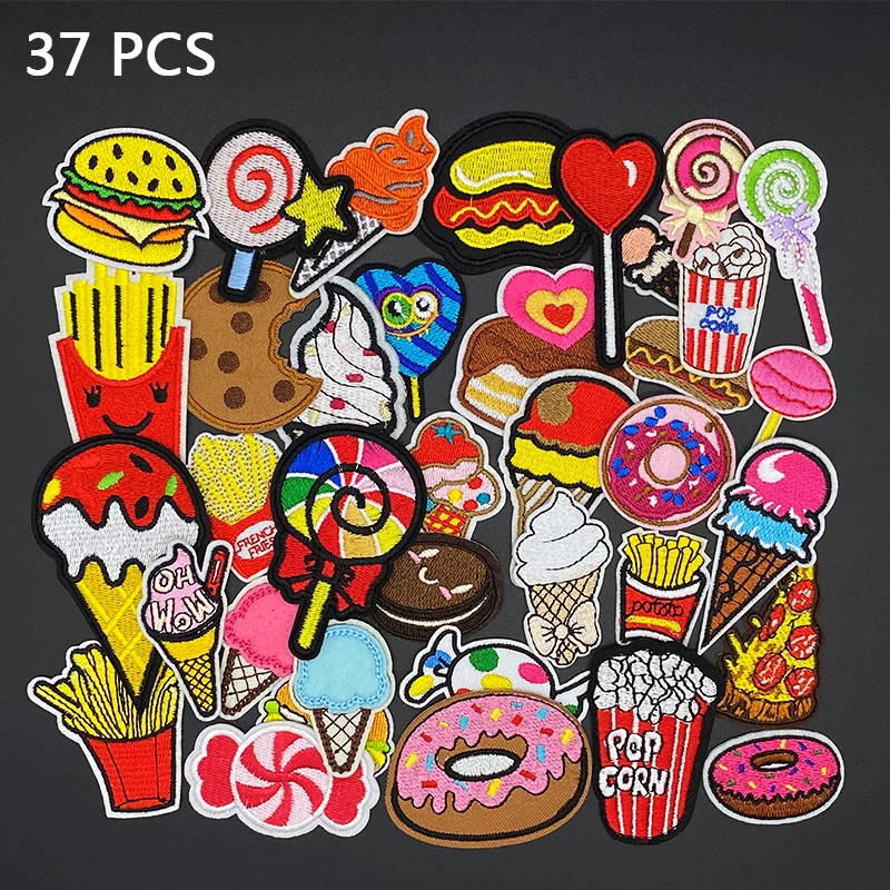 

37pcs/lot Cake Ice Cream patches Embroidered Iron On Cartoon Sweet Food Appliques DIY Fashion Clothes Bags Jeans Stickers Badge