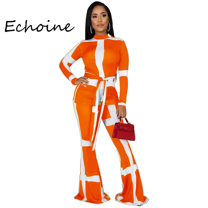 

Casual Two Piece Set Striped Bandage Pants Set Color Patchwork Flare Pants Tracksuit For Women Autumn Winter Sportwear