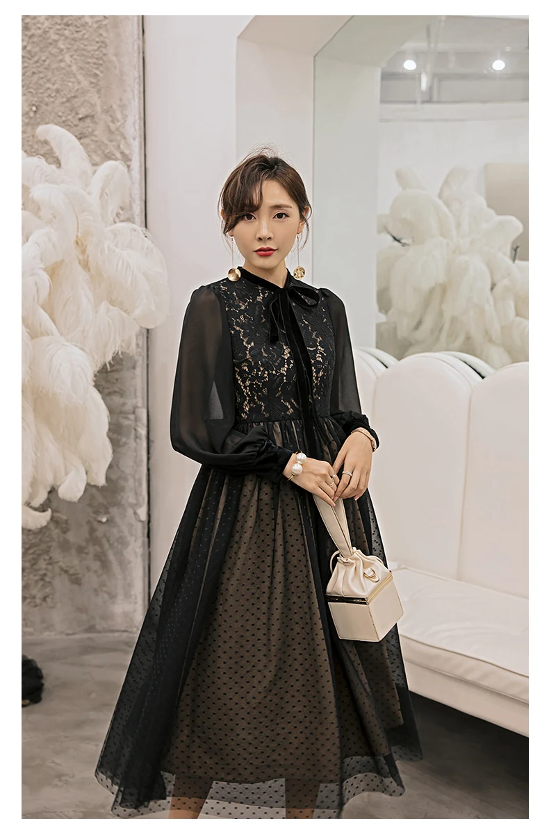 YIGELILA осеннее модное женское черное кружевное платье с длинными рукавами, элегантное платье до щиколотки, вечерние платья 65126