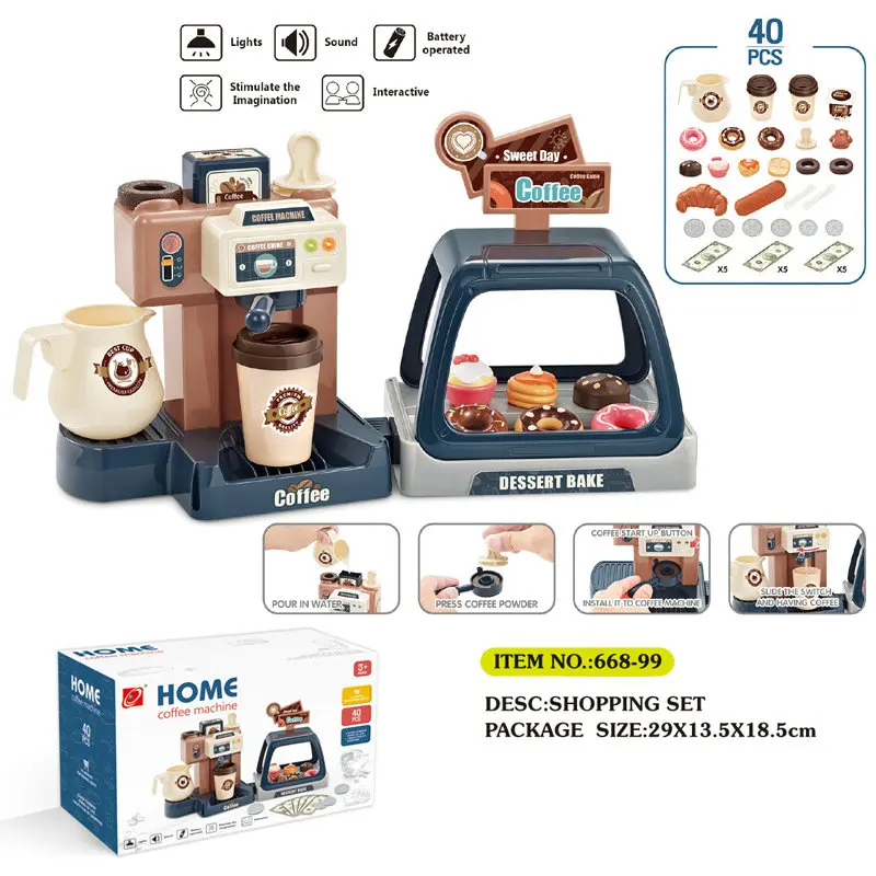 Light Outflow Water Simulation Cash Register Coffee Machine Dessert Shop  3in1 Shopping Set Play House Kids Toys Games for Girls