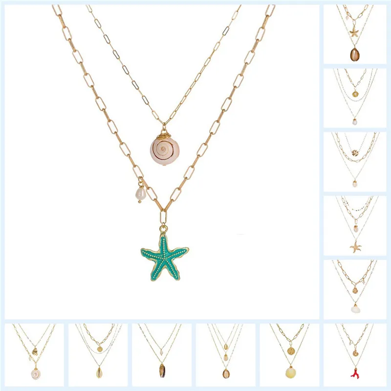 

Beach Shell Multi-Layer Necklace Fashion Metal Starfish Natural Pearl Pendant Marine Wind Accessories Pearl Necklace