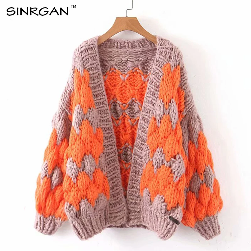 SINRGAN, розовый, синий, лоскутные кардиганы размера плюс, кашемировый Вязанный свитер с длинными рукавами, зимние топы - Цвет: Оранжевый