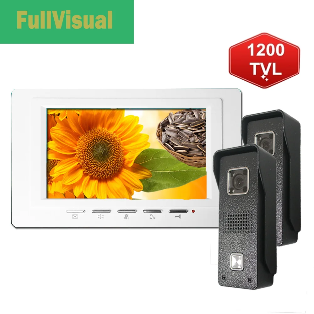 Видеодомофон Fullvisual, проводной, TFT, 7 дюймов, 2 ИК-камеры, панель дверного звонка, 1200TVL, оптический, Разблокировка одной кнопкой, 1V2