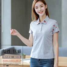 Новое поступление, Корейская Свободная Женская Модная хлопковая рубашка поло с коротким рукавом, топы с принтом, летняя рубашка поло с лацканами, большие размеры