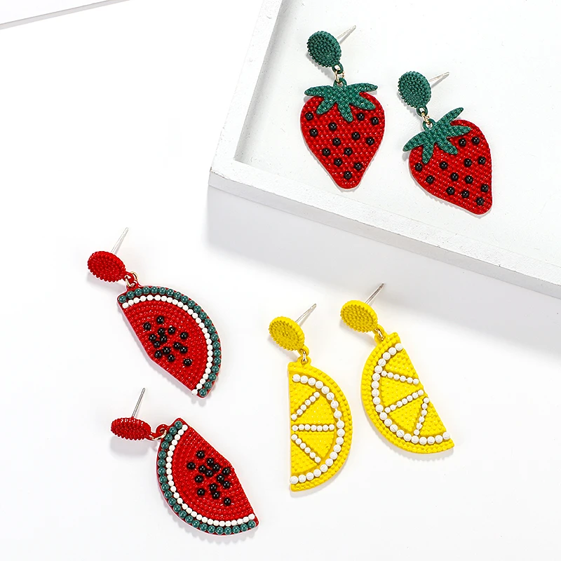 

AENSOA Unique Simple Alloy Fruit Painting Pendant Earrings For Women Statement Metal Paint Sweet Long Earrings Fashion Jewelry