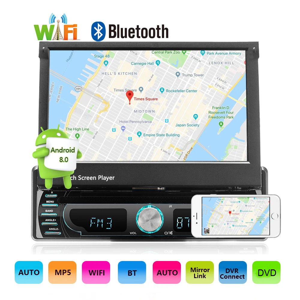 7-inch 1 Din Car Radio MP5 Retractable Screen DVD Player GPS Navigation All-in-one Car Multimedia Player with Android 8.1