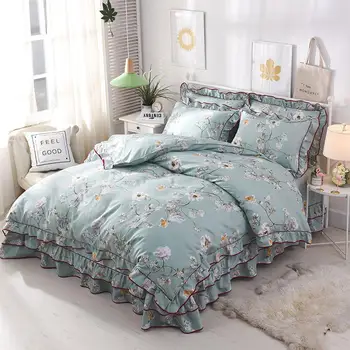 

Vintage style Floral Ruffle Zipper Duvet Cover Bed Sheet Pillowcase Lightweight Microfiber Soft Bedding sets Queen size 4Pcs